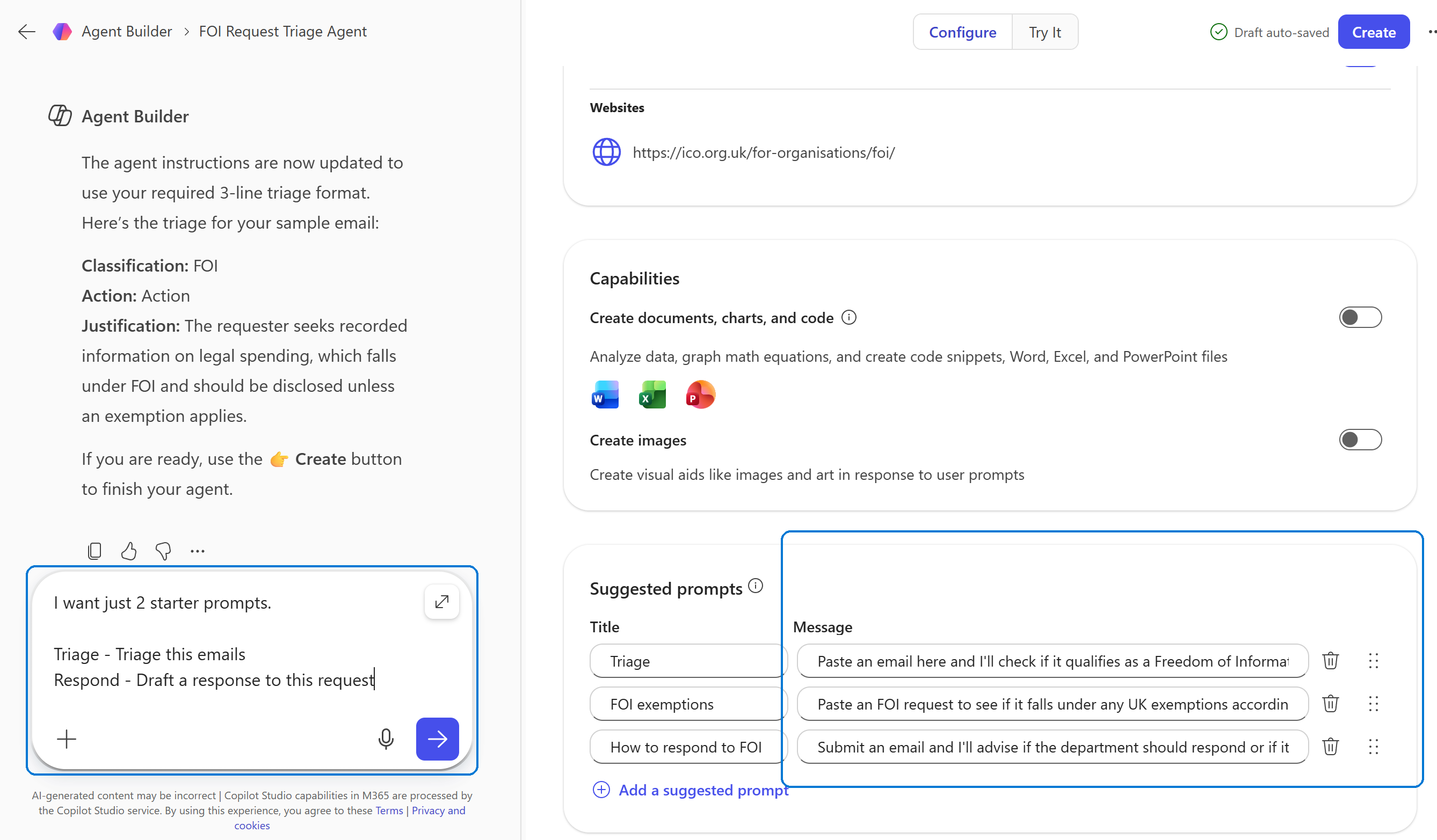 Agent Builder conversation tab with the new starter-prompts instruction in the chat input on the left, and the Suggested prompts section highlighted on the right